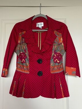 An Ren New York Red Polka Dot Floral Peplum Jacket Size Medium